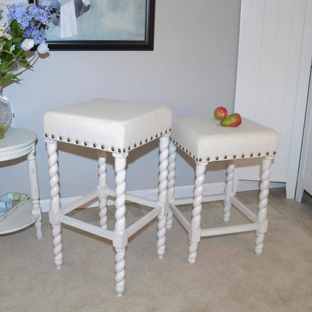Vintage White Linen and Wood 32'' Backless Counter Stool