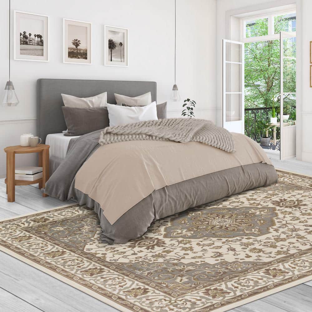 Green and Beige Medallion Synthetic Stain-Resistant Area Rug