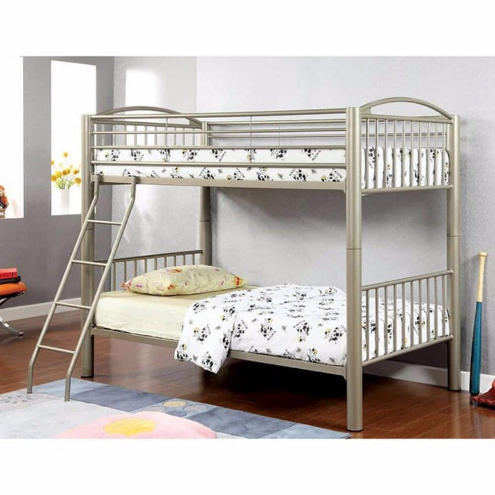 Benjara Metallic Gold Twin Adjustable Bunk Bed with Metal Frame