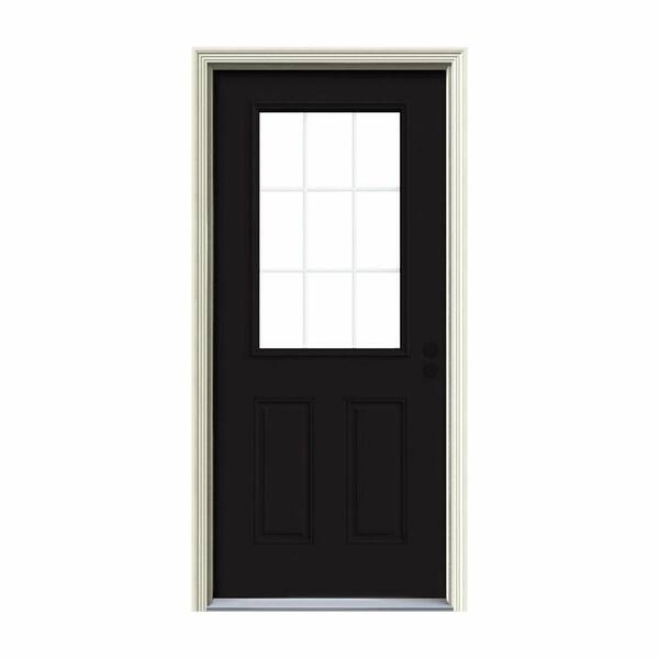 JELD-WEN 36 in. x 80 in. 9 Lite Black Painted w/White Interior Steel Prehung Left-Hand Inswing Entry Door w/Brickmould