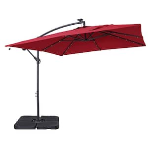 8.3 ft. Steel Cantilever Umbrella Solar Tilt Patio Umbrella in Red with Base and 32 LED Lights