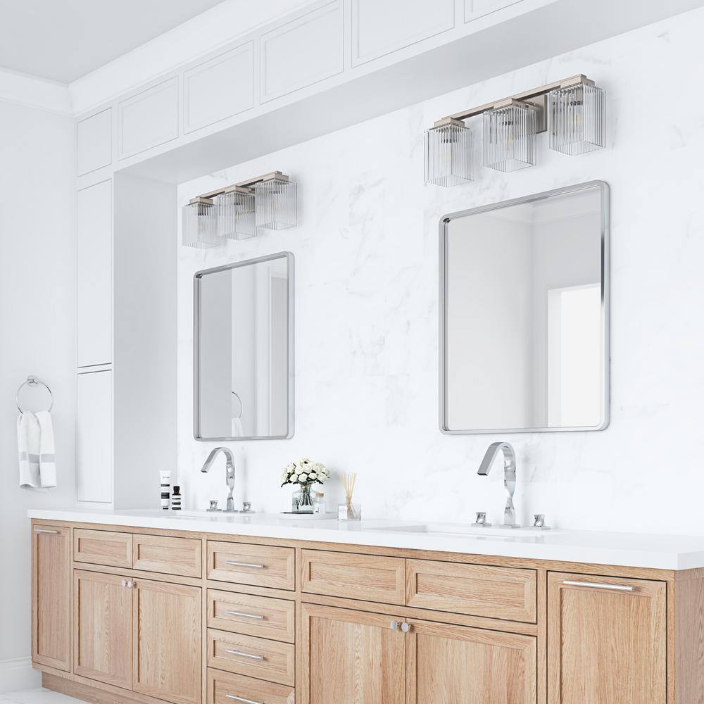 Brushed Nickel 3-Light Bathroom Vanity with Textured Glass Shades