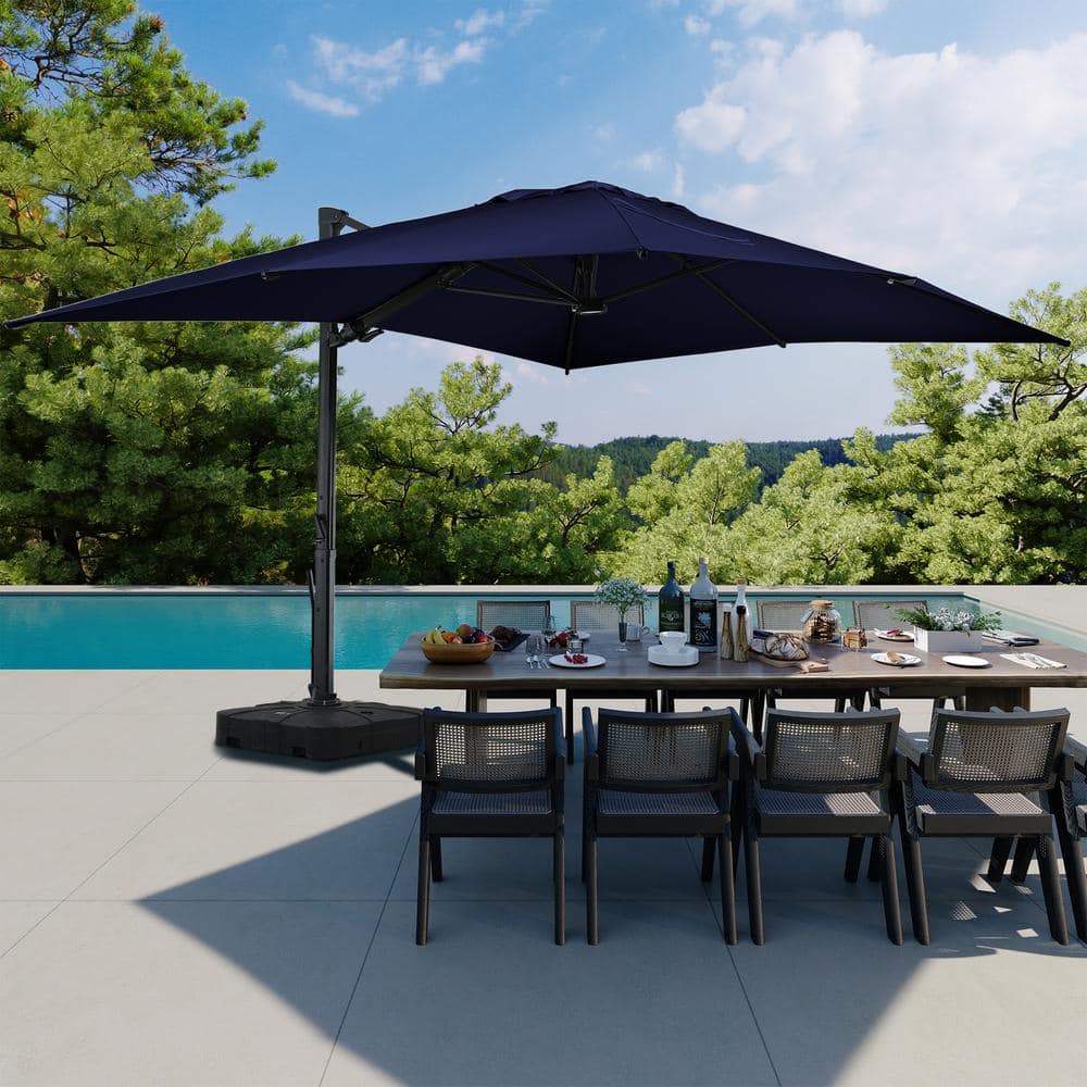 Boyel Living 10x13 ft. 360° Rotation Cantilever Patio Umbrella with BaseandLED Light in Navy Blue