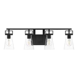 Clermont 30.75 in. 4-Light Matte Black Bathroom Vanity Light with Seeded Glass Shades