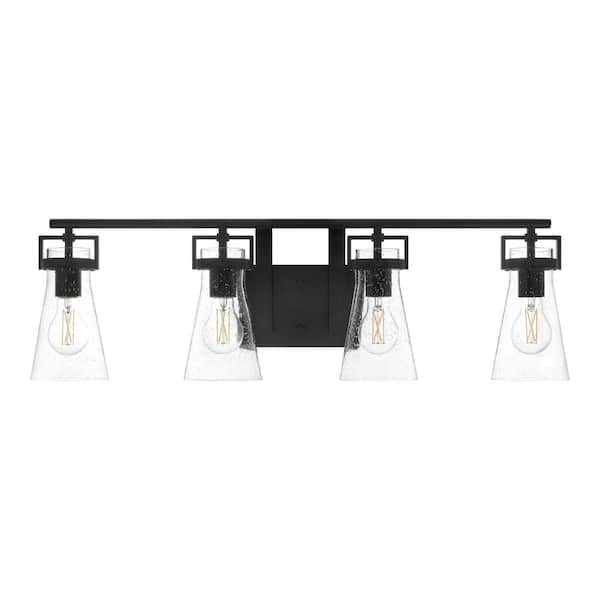 Home Decorators Collection Clermont 30.75 in. 4-Light Matte Black Bathroom Vanity Light with Seeded Glass Shades