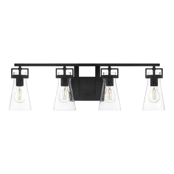 Clermont 30.75 in. 4-Light Matte Black Bathroom Vanity Light with Seeded Glass Shades
