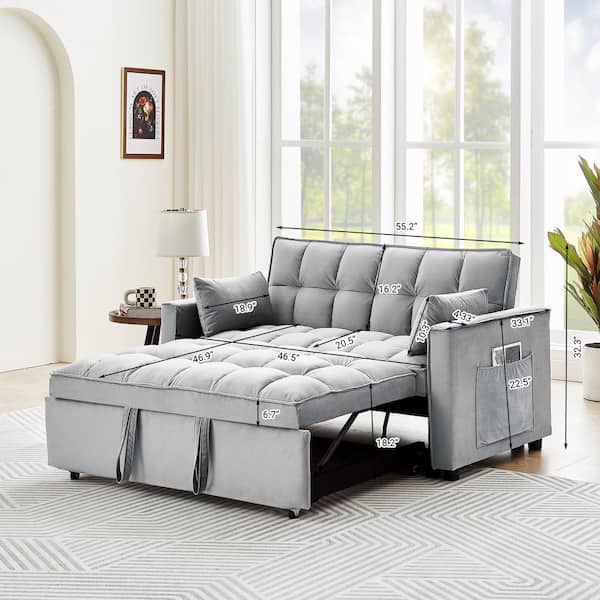 Seafuloy 55 in. Width Gray Velvet Twin Sofa Bed with Adjustable Backrest  and 2 Pillows W1193S00004-1 - The Home Depot