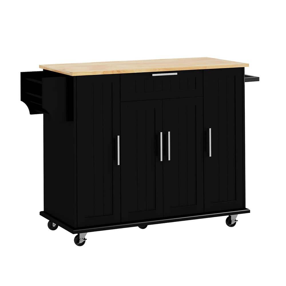 Black Wood 52 in. Kitchen Island on Wheels with Rubberwood Top, Drawer, Spi