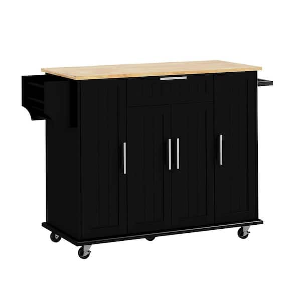Unbranded Black Wood 52 in. Kitchen Island on Wheels with Rubberwood Top, Drawer, Spice Rack, Towel Rack, Storage Cabinet