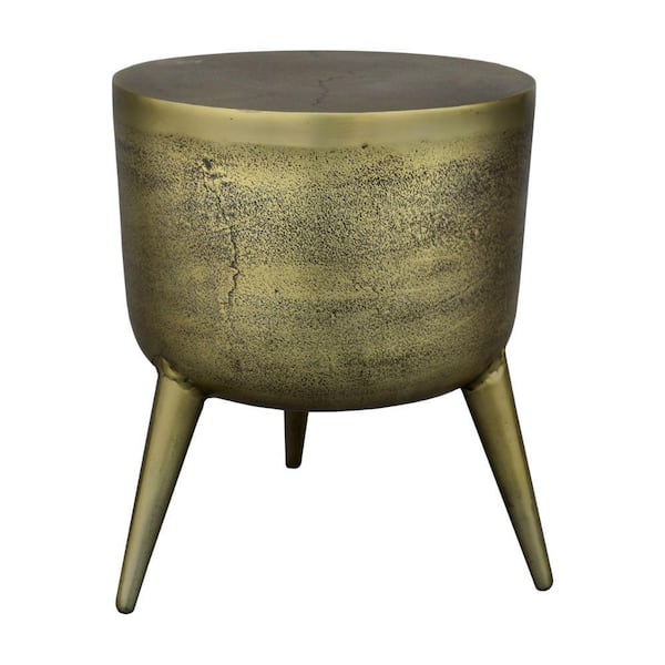 THE URBAN PORT 16 in. Antique Brass Round Djembe Drum Shape Aluminum Metal Side End Table with 3-Decorative Legs
