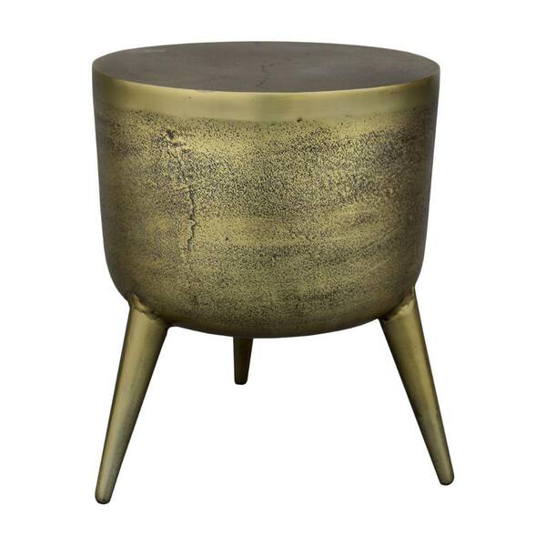 THE URBAN PORT 16 in. Antique Brass Round Djembe Drum Shape Aluminum Metal Side End Table with 3-Decorative Legs