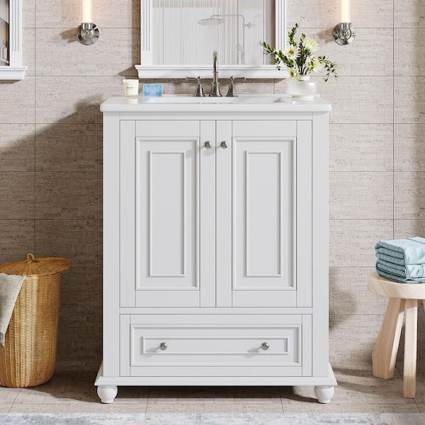 24 in. Single Sink Freestanding White Bath Vanity with White Ceramic Top Unassembled