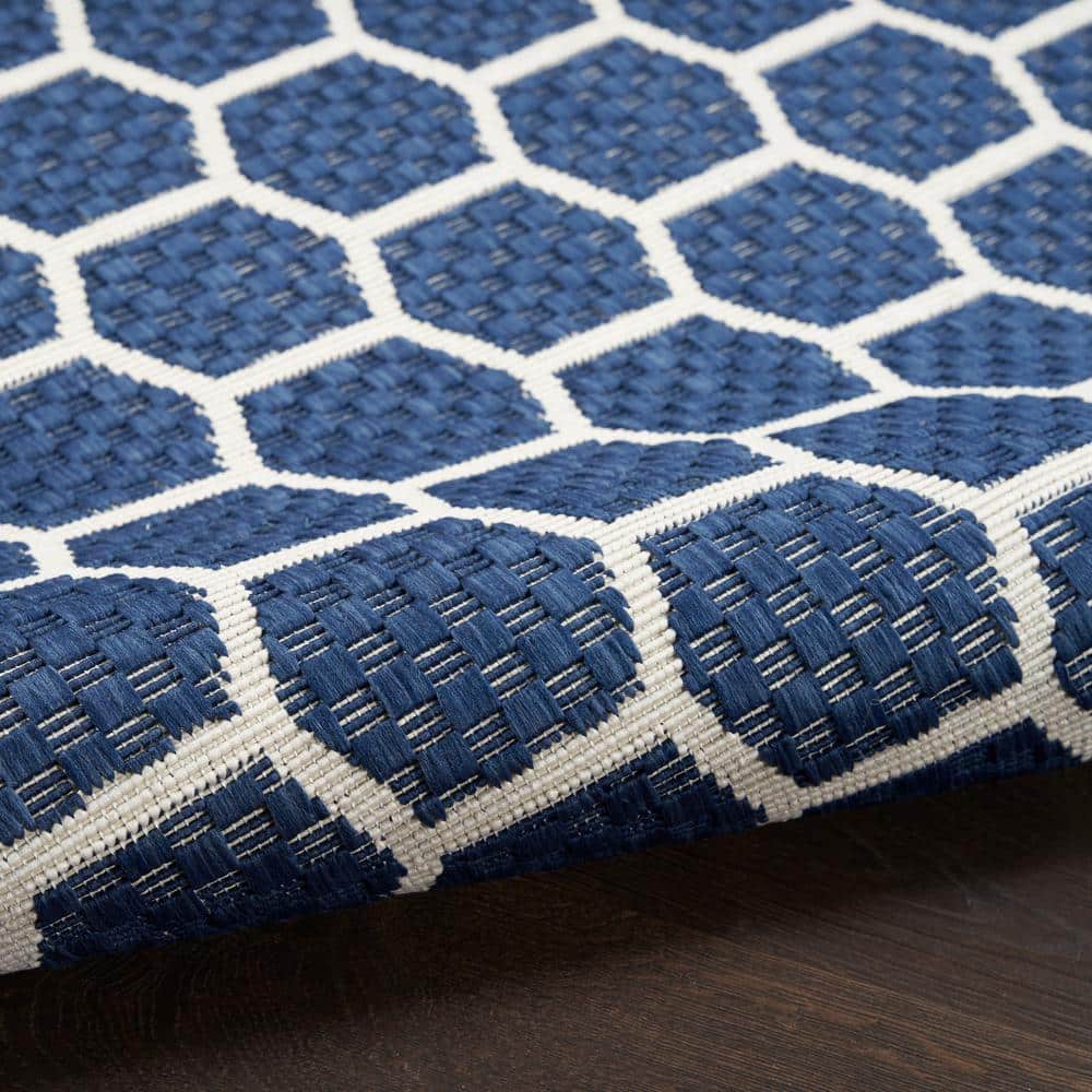 Navy and White Geometric Flat Woven Reversible Runner Rug