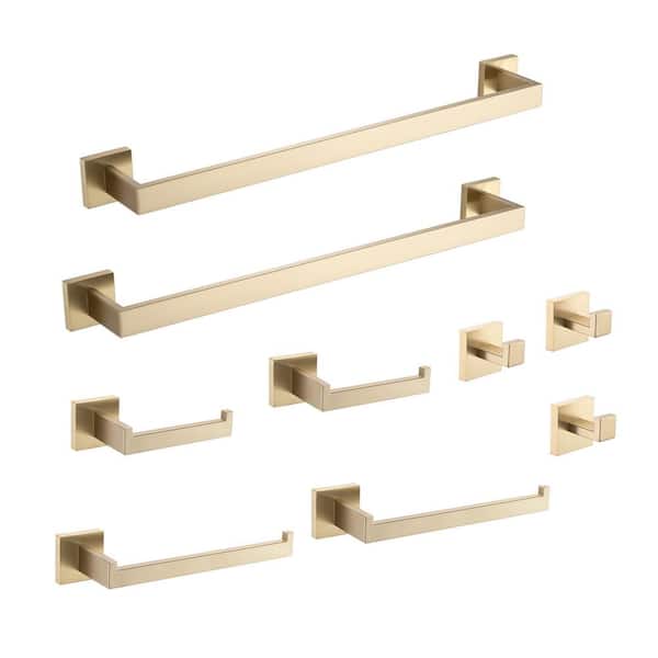 Interbath 9-Piece Bath Hardware Set with Towel Bar Toilet Paper Holder Towel Hook in Stainless Steel Brushed Gold