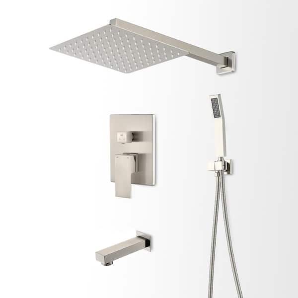 Pdpbath 1-Spray 12 in. Dual Square Wall Mount Rainfall Shower Head and Handheld Shower Head with 2.5 GPM in Brushed Nickel