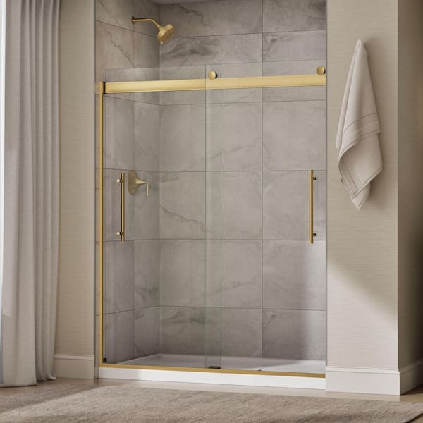 Elmbrook 55-60 in. W x 74 in. H Sliding Frameless Shower Door in Vibrant Brushed Moderne Brass with 5/16 in. Thick Glass