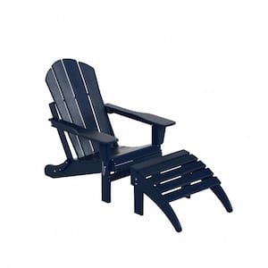 Laguna Outdoor Patio Traditional HDPE Plastic Folding Adirondack Chair with Footrest Ottoman in Navy Blue