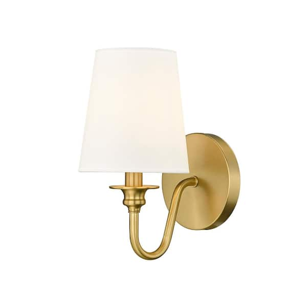 Gianna 5.5 in. 1-Light Modern Gold Wall Sconce with White Fabric Shade ...