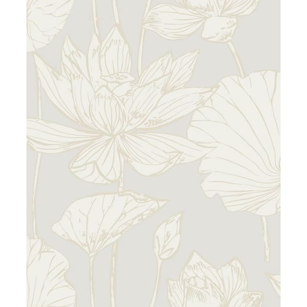 31.35 sq. ft. Pearl Lotus Garden Floral Vinyl Peel and Stick Wallpaper Roll
