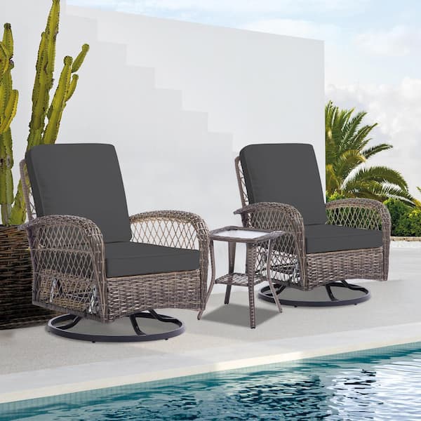 JEAREY 3-Piece Grey Wicker Patio Comfortable Conversation Set with Grey Cushions