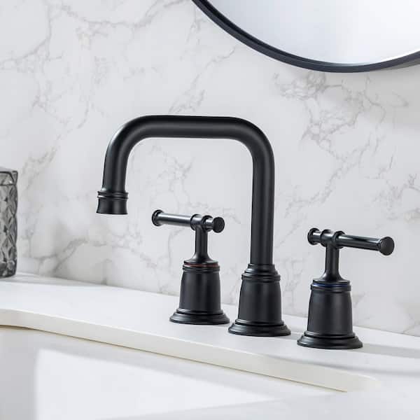 8 in. Widespread Double Handle Bathroom Faucet with Drain Assembly in Matte Black