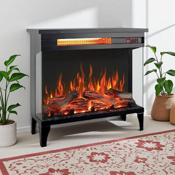 24 in. Freestanding Electric Fireplace in Black 3-Sided Glass with Feet