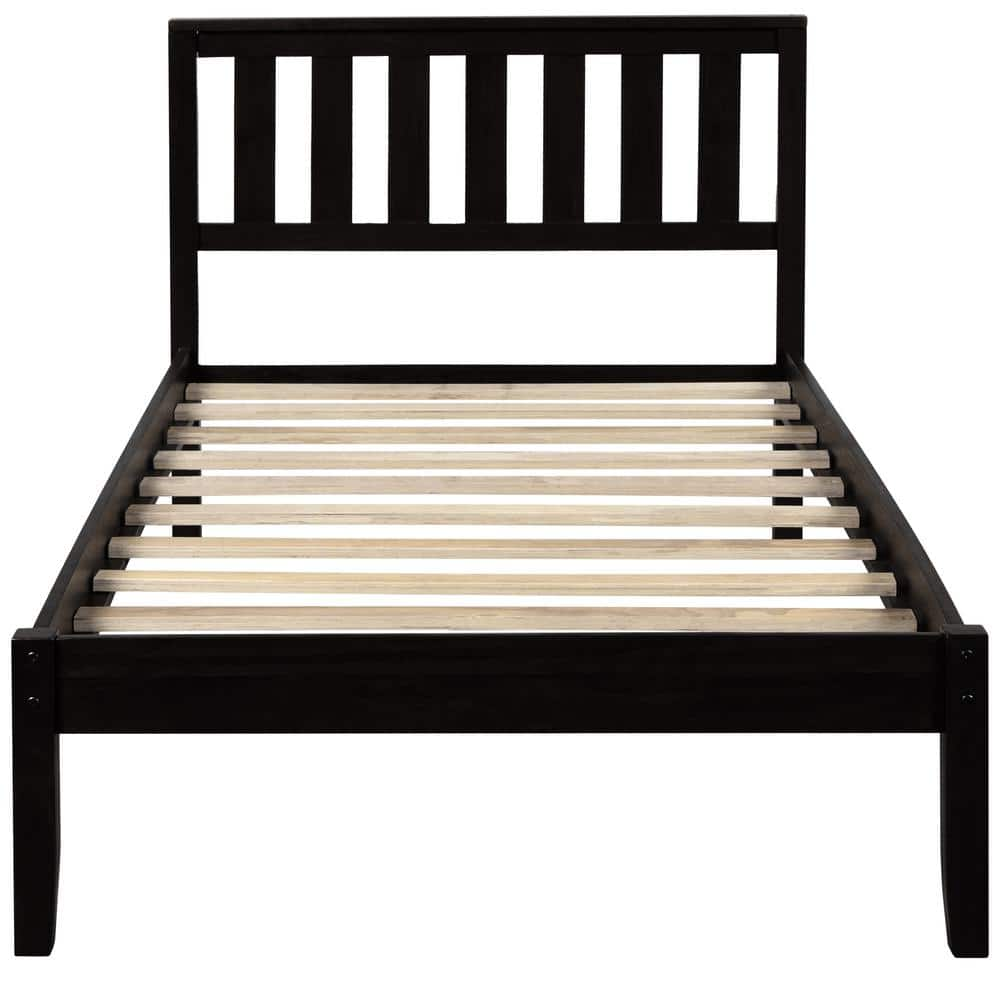 Qualler Espresso Twin Wood Platform Bed with Headboard and Slat Support ...