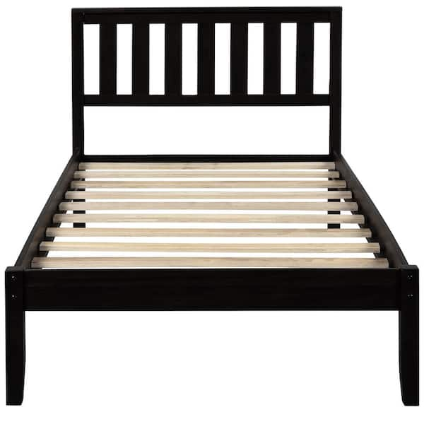 Qualler Espresso Twin Wood Platform Bed with Headboard and Slat Support ...