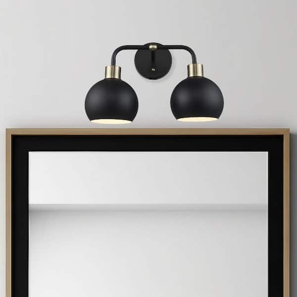 Indigo 15 in. 2-Light Black and Gold Bathroom Vanity Light Fixture with Metal Shades