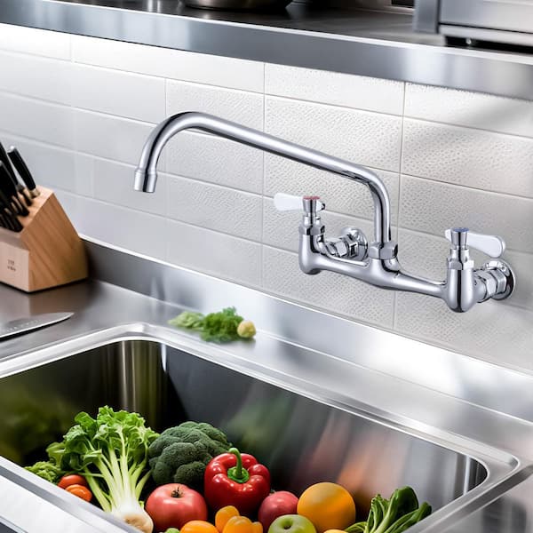 Double Handle Wall Mounted Standard Kitchen Faucet, Commercial Faucet with 12 in. Long Spout in Polished Chrome