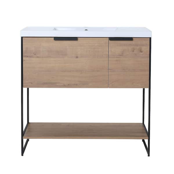 EPOWP 35.4 in. W x 18.1 in. D x 34.3 in. H Bath Vanity in Brown with White Granite Top