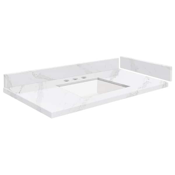 Transolid Silestone 34.25 in. W x 22.25 in. D Quartz White Rectangular Single Sink Vanity Top in Calacatta Gold