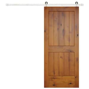 36 in. x 84 in. Rustic 2-Panel V-Groove Prefinished Knotty Alder Wood Interior Barn Door with Satin Nickel Hardware