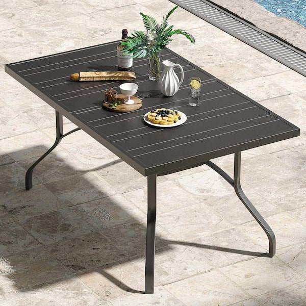 60 in. x 35 in. Outdoor Patio Dining Table, Rectangular Black Metal Table with 1.57 in. Umbrella Hole, Weather-Resistant