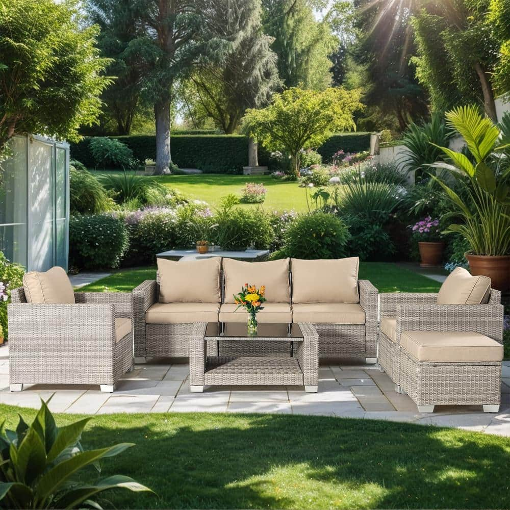 7-Piece Grey Wicker Outdoor Sectional, Rattan Outdoor Patio Set with ...