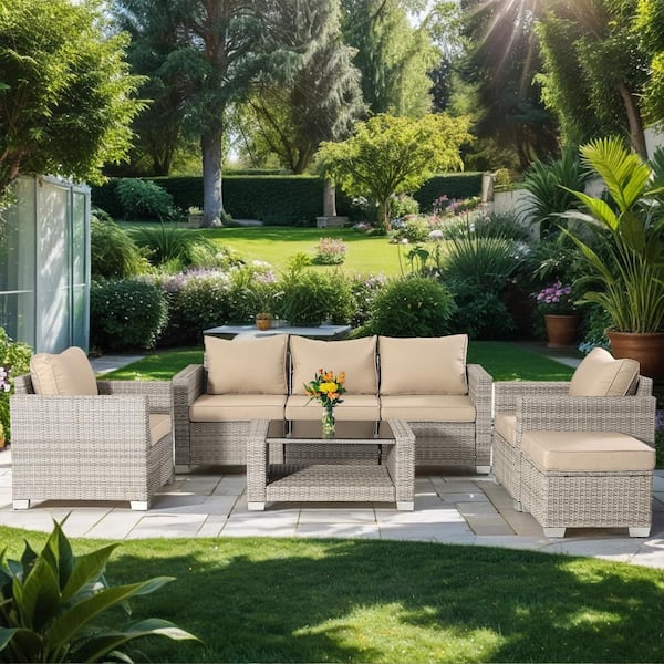 Unbranded 7-Piece Grey Wicker Outdoor Sectional, Rattan Outdoor Patio Set with Field Gray Cushions, Ottoman and Coffee Table