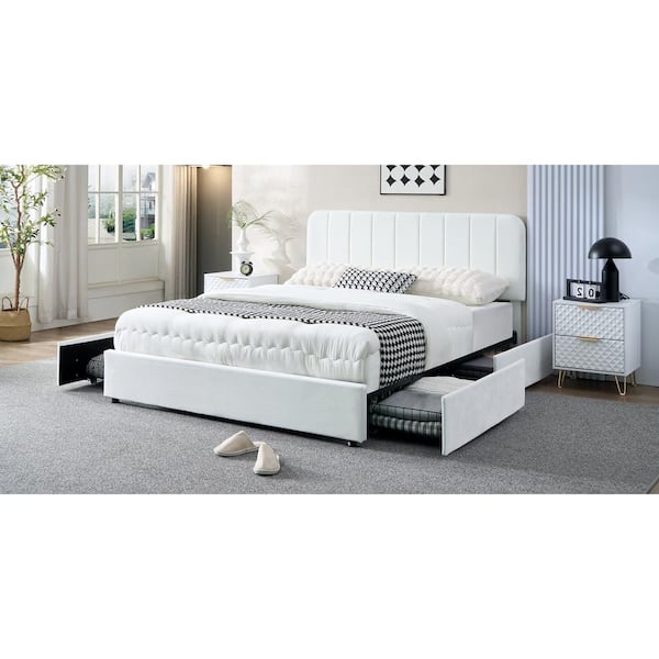 VECELO Upholstered Bed White Metal Frame Queen Size Platform VECELO Upholstered Bed White Metal Frame Queen Size Platform