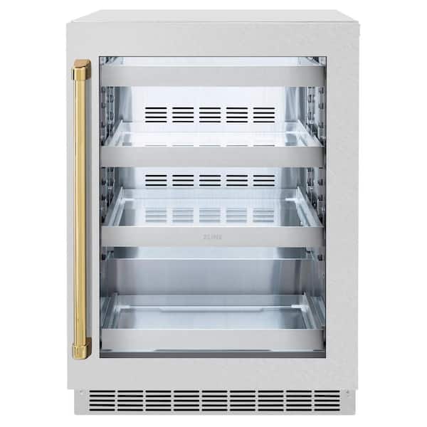 ZLINE Kitchen and Bath Autograph 24 in. Touchstone 151 Can Beverage Fridge with Satin Stainless Steel Glass Door and Polished Gold Handle