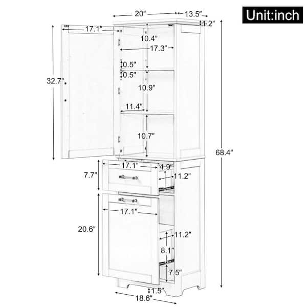 XUJMK 20 in. W x 13 in. D x 68 in. H Gray Linen Cabinet, Tall