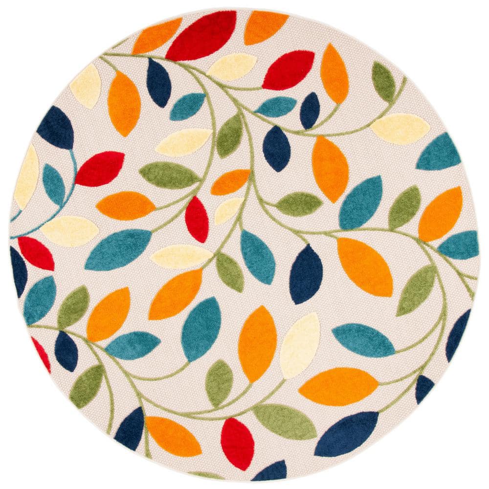 SAFAVIEH Cabana Ivory/Green 5 ft. x 5 ft. Scroll Leaf Round Indoor ...