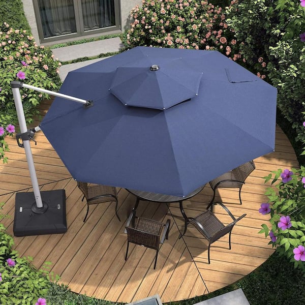 PURPLE LEAF 11 ft. Sunbrella Aluminum Octagon 360° Rotation Silvery Cantilever Outdoor Patio Umbrella With Base, Navy Blue