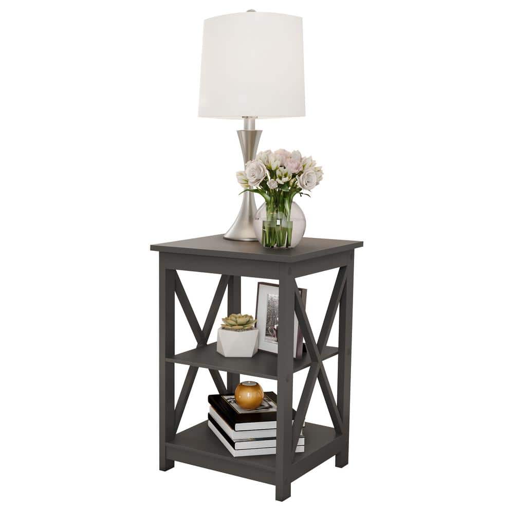 Gray Wooden X-Leg End Tables with Shelves, Set of 2