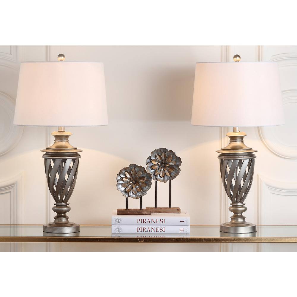 Byron 28.5 Inch Antique Silver Urn Table Lamp Set with White Shades