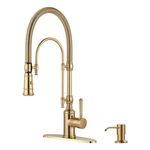 Single Handle Pull Down Sprayer Kitchen Faucet Solid Brass with Soap Dispenser in Brushed Gold