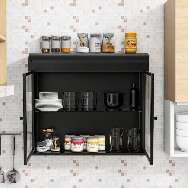 Antique Black 2-Door Wall-Mounted Metal Storage Cabinet with Tempered Glass Doors and Shelves