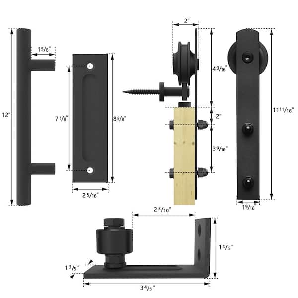 6.6 ft./79 in. Black Steel Straight Strap Sliding Barn Door Track and Hardware Kit w/12 in. Ladder Pull and Flush Handle