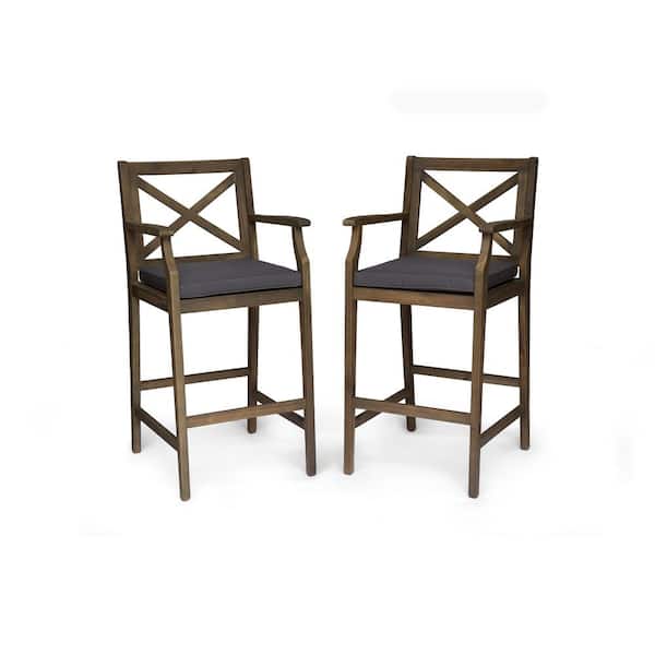 Perla Grey Wood Outdoor Patio Bar Stool with Grey Cushion (2-Pack)