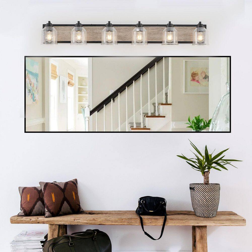 49 in. 6 Light Modern Black Grain Finish Vanity Light Fixture Bathroom Over Mirror Wall Lights Clear Glass Shades Living price history on PriceWatchPro