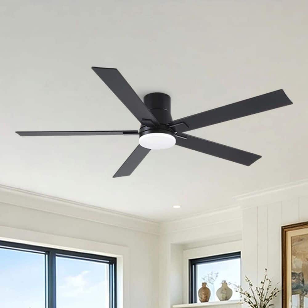 Amice 60 in. Indoor Matte Black Standard Flush Mount Ceiling Fan with Integrated LED, Quite DC Motor and Remote Control
