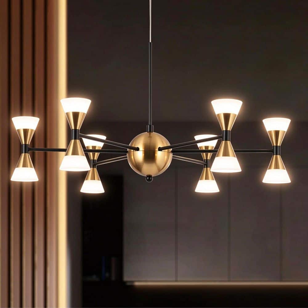 Zevni Modern 12-Light Integrated LED Brass and Black Sputnik Chandelier, Contemporary Dining Room Pendant Light with Acrylic